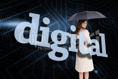 Businesswoman holding umbrella behind the word digital