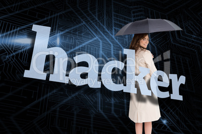 Businesswoman holding umbrella behind the word hacker