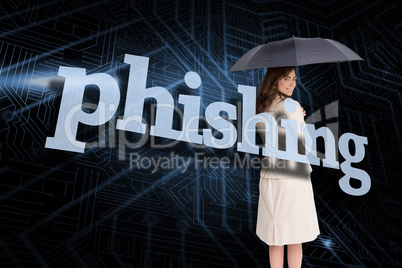Businesswoman holding umbrella behind the word publishing