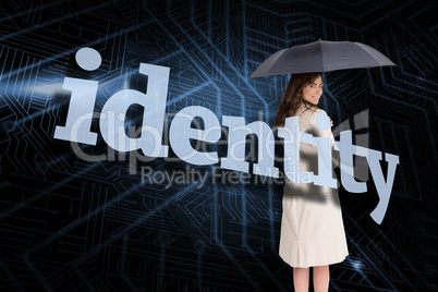 Businesswoman holding umbrella behind the word identity