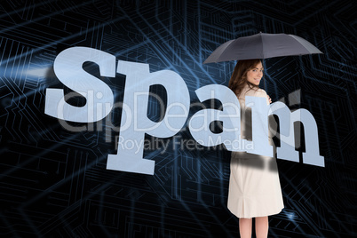 Businesswoman holding umbrella behind the word spam