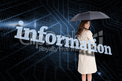 Businesswoman holding umbrella behind the word information