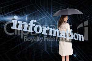 Businesswoman holding umbrella behind the word information