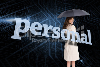 Businesswoman holding umbrella behind the word personal