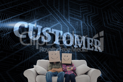 Customer against futuristic black and blue background