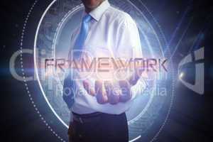 Businessman presenting the word framework