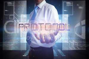 Businessman presenting the word protocol