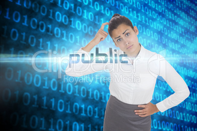 Public against shiny blue binary code on black background