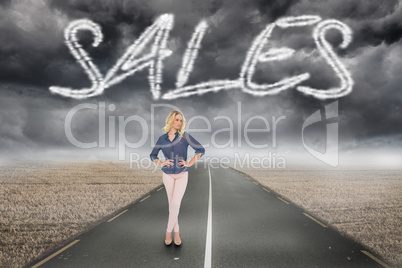 Sales against misty brown landscape with street