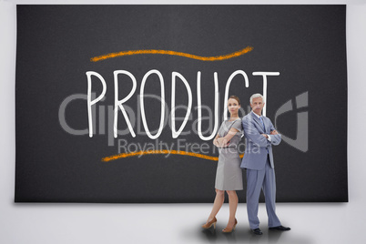 Business people standing against the word product