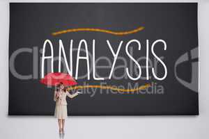Businesswoman holding umbrella against the word analysis