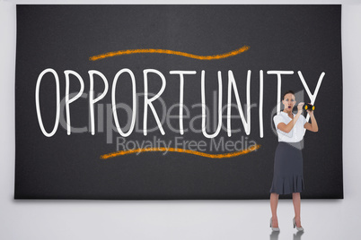Shocked businesswoman with binoculars against the word opportuni