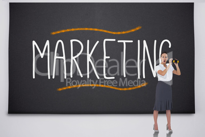 Shocked businesswoman with binoculars against the word marketing