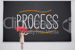 Businesswoman holding umbrella against the word process