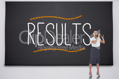 Shocked businesswoman with binoculars against the word results