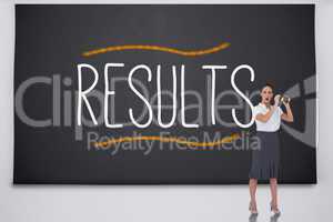Shocked businesswoman with binoculars against the word results