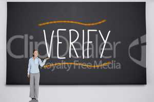 Businesswoman presenting the word verify