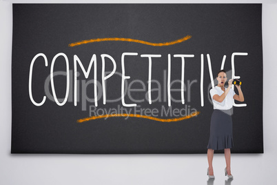 Shocked businesswoman with binoculars against the word competiti