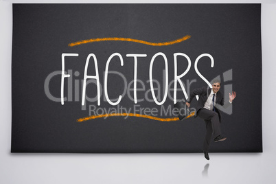 Happy businessman jumping against the word factors