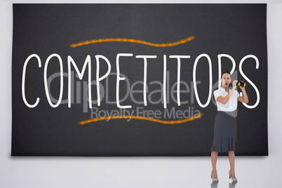 Shocked businesswoman with binoculars against the word competito
