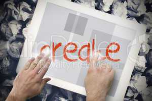 Hand touching create on search bar on tablet screen