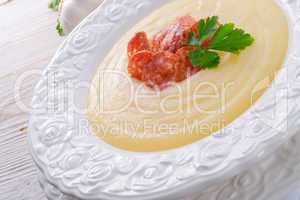 potato cream soup with chorizo and garlic