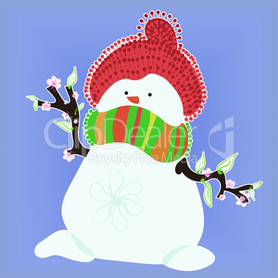 snowman in spring on blue background