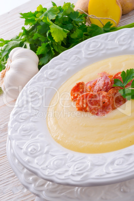 potato cream soup with chorizo and garlic