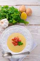 potato cream soup with chorizo and garlic