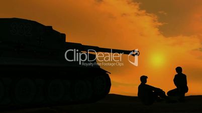 (soldiers talking beside armor on sunset background