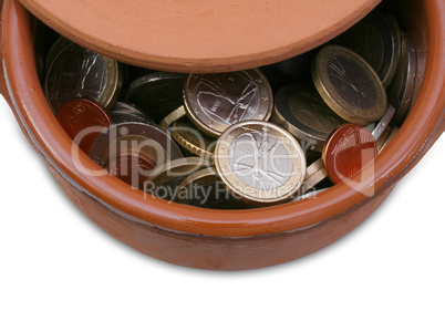 Ceramic pot full of Euro coins