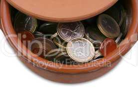 Ceramic pot full of Euro coins