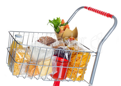 Shopping cart full with food products