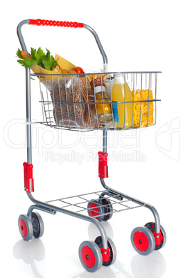 Shopping cart full with food products