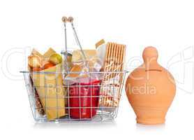 The shopping basket with food and money box