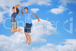 Young couple jumping together