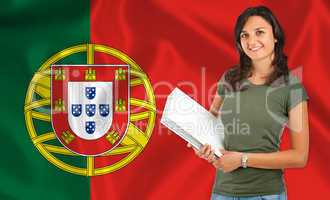 Female student over Portuguese flag