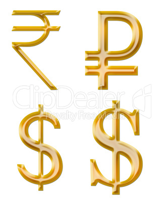 signs of currencies: rupee, ruble, dollar