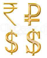 signs of currencies: rupee, ruble, dollar