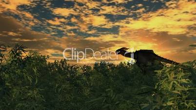 dragon flies over bamboo forest on sunset background