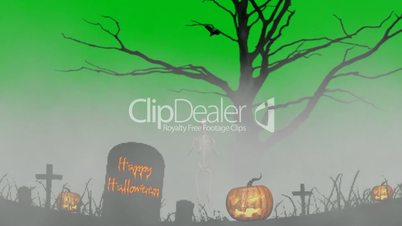 skeleton in fog in the cemetery -happy halloween- green screen