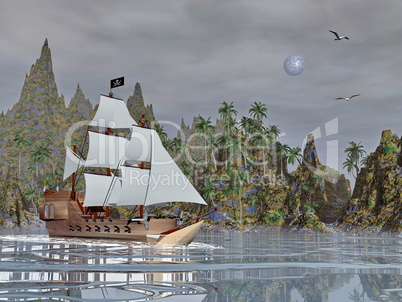 pirate ship by night - 3d render