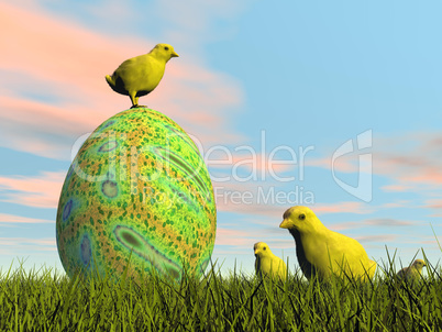 easter egg and chicks - 3d render