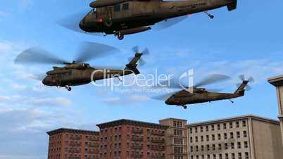 Black Hawk Helicopter Group fly over Buildings
