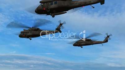 Black Hawk Helicopter Group fly over buildings