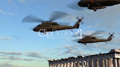 Black Hawk Helicopter fly over Acropolis of Athen