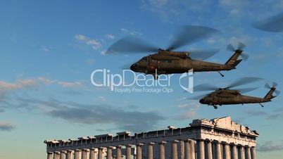 Black Hawk Helicopter fly over Acropolis of Athen