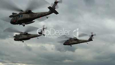 Black Hawk Helicopter fly over in stormclouds and lightning