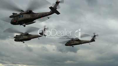 Black Hawk Helicopter fly over in stormclouds and lightning