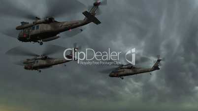 Black Hawk Helicopter fly over in stormclouds and lightning